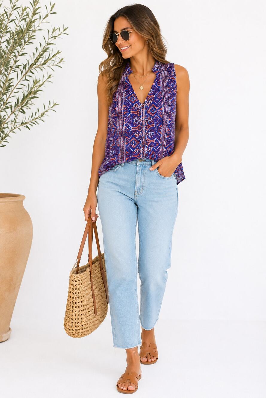 Greylin Silk Blend Tunic Top S Purple Orange Geo Print Sleeveless Boho Blouse